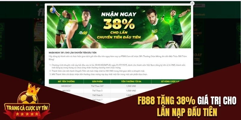 FB88 tặng 38% giá trị cho lần nạp đầu tiên
