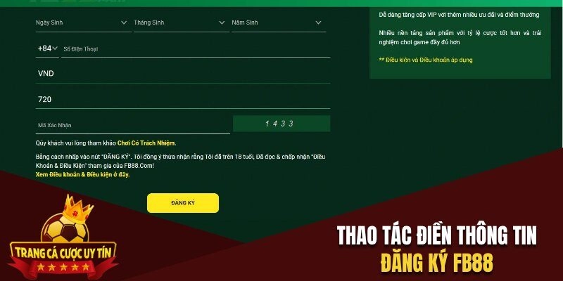 Thao tác điền thông tin đăng ký FB88