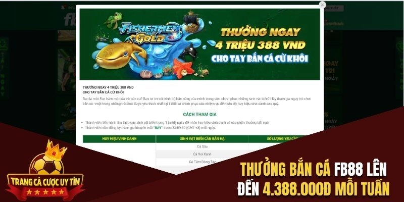 Thưởng bắn cá FB88 lên đến 4.388.000đ mỗi tuần
